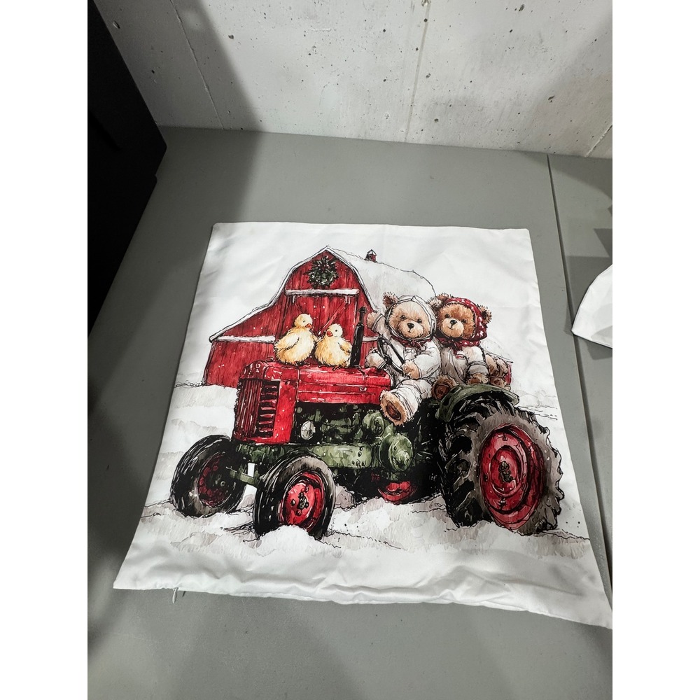 Christmas Teddy Bears on Tractor‎ Throw Pillow Cover 18x18 Winter Barn Decor